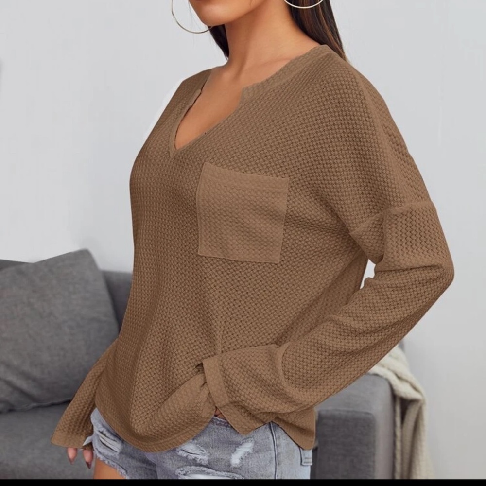 V neck waffle knit long sleeve tee shirt brown - Picture 1 of 14
